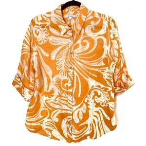 Chico's Orange Linen Shirt Chicos Size 1.5 = US 10 Button Up Artsy Tropical